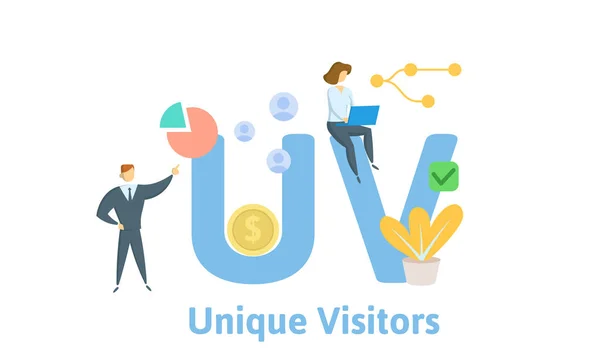 UV, μοναδικοί επισκέπτες. Concept με ανθρώπους, γράμματα και εικονίδια. Εικόνα από επίπεδη διάνυσμα. Απομονωμένη σε λευκό φόντο. — Διανυσματικό Αρχείο