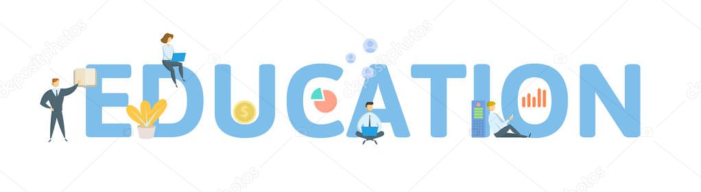 EDUCATION. Concept with people, letters and icons. Flat vector illustration. Isolated on white background.