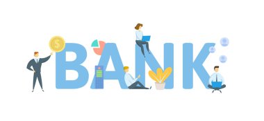 Banka. İnsanlar, harfler ve simgeler ile Kavram. Düz vektör çizimi. Beyaz arka planda yalıtılmış.