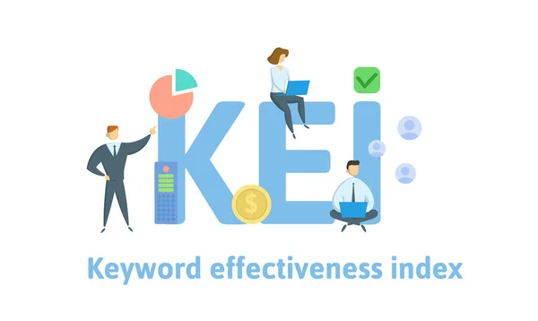 KEI, Keyword Effectiveness Index. Concept with people, letters and icons. Flat vector illustration. Isolated on white background. — Stock Vector