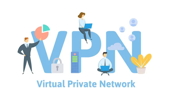 VPN, virtuální privátní síť. Koncept s lidmi, písmeny a ikonami. Plochá vektorová ilustrace. Izolované na bílém pozadí. — Stockový vektor