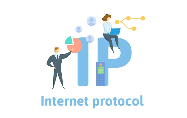 IP, Protocolo da Internet. Conceito com pessoas, letras e ícones. Ilustração vetorial plana. Isolado sobre fundo branco . —  Vetores de Stock