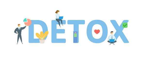 DETOX. Concepto con personas, letras e iconos. Ilustración vectorial plana. Aislado sobre fondo blanco . — Archivo Imágenes Vectoriales