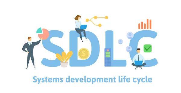 SDLC, κύκλος ζωής ανάπτυξης λογισμικού. Concept με ανθρώπους, γράμματα και εικονίδια. Εικόνα από επίπεδη διάνυσμα. Απομονωμένη σε λευκό φόντο. — Διανυσματικό Αρχείο