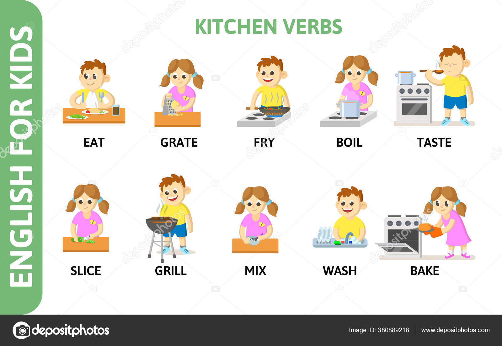 Inglés para niños tarjeta de juego. Verbos de cocina con caracteres