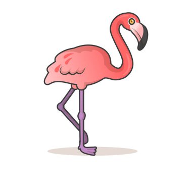 Şirin bir flamingo çizgi filmi. Çizgili düz vektör çizimi, beyaz arkaplanda izole.