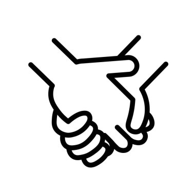 El ele tutuşan iki kişinin hareketi, siyah beyaz taslak ikonu. Düz vektör çizimi. Beyazda izole edilmiş.