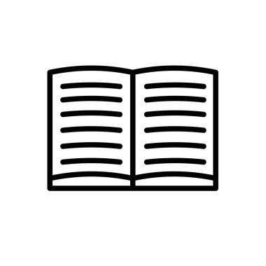 Açık kitap, asgari siyah beyaz taslak simgesi. Düz vektör çizimi. Beyazda izole edilmiş.
