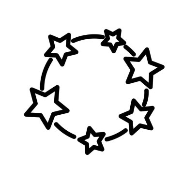Siyah-beyaz yıldızlı çember, basit siyah-beyaz taslak ikonu. Düz vektör çizimi. Beyazda izole edilmiş.