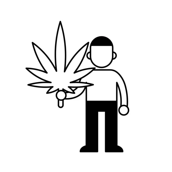 Homem segurando grande folha de maconha, ícone de contorno preto e branco mínimo. Ilustração vetorial plana. Isolado em branco . —  Vetores de Stock