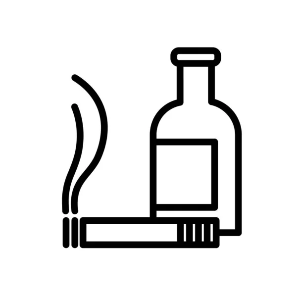 Smoking and drinking simple black and white outline icon. Bottle and cigarette. Flat vector illustration. Isolated on white. — Stock Vector
