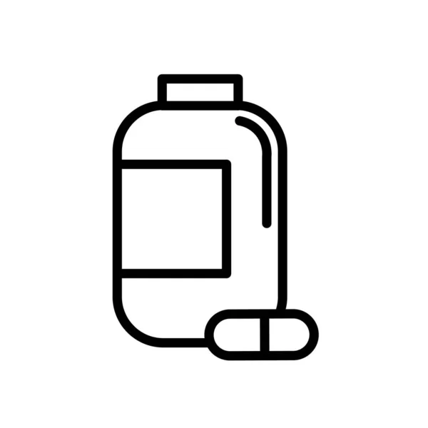 Píldoras botella simple icono de contorno en blanco y negro. Frasco de medicina cápsula, símbolo de la farmacia, logotipo. Ilustración vectorial plana. Aislado sobre blanco . — Archivo Imágenes Vectoriales