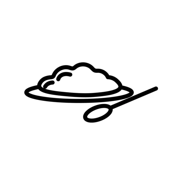 Porridge su piatto con cucchiaio, semplice icona contorno in bianco e nero. Illustrazione a vettore piatto. Isolato su bianco. — Vettoriale Stock