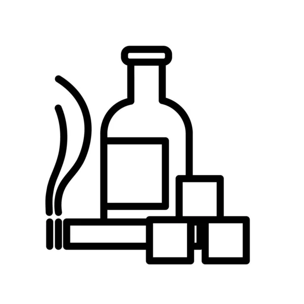 Smoking and drinking simple black and white outline icon. Bottle, cigarette, sugar cubes. Flat vector illustration. Isolated on white. — Stock Vector