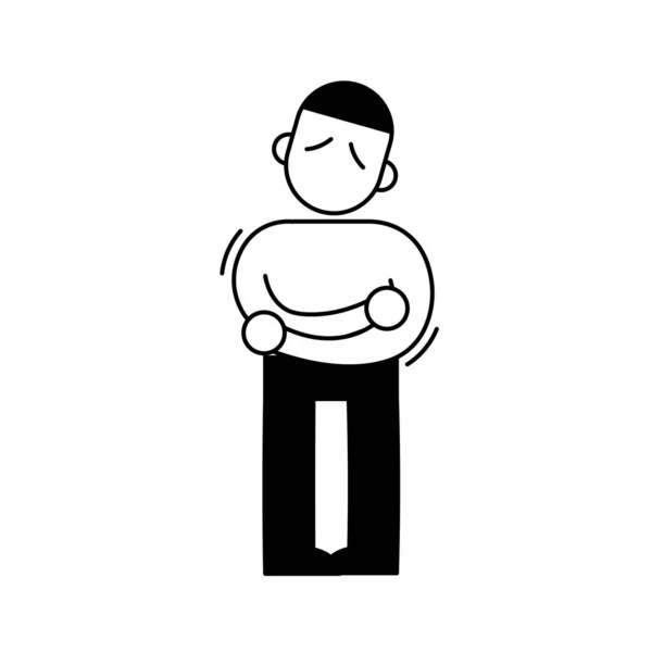 Muž s bolestí břicha, minimální černobílý obrys ikony. Plochá vektorová ilustrace. Izolováno na bílém. — Stockový vektor