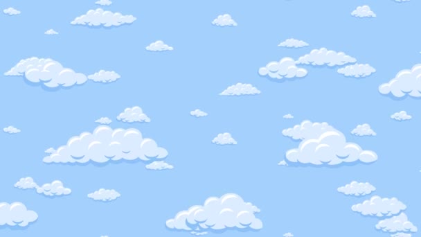 Chmury kreskówki unoszące się w dół na niebieskim niebie. Bezproblemowa animacja pętli tła. — Wideo stockowe