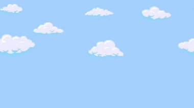 Mavi gökyüzünde süzülen karikatür bulutları. Arkaplansız döngü canlandırması.
