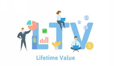 LTV, Lifetime Değer ya da Değer Vermek İçin Kredi. Anahtar sözcükler, insanlar ve ikonlar ile kavram. Düz vektör çizimi. Beyazda izole edilmiş.