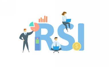 RSI, Göreceli Kuvvet Endeksi. Anahtar sözcükler, insanlar ve ikonlar ile kavram. Düz vektör çizimi. Beyazda izole edilmiş.