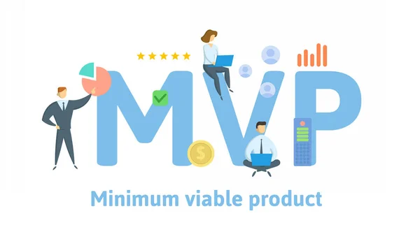 MVP, producto mínimo viable o jugador más valioso. Concepto con palabras clave, personas e iconos. Ilustración vectorial plana. Aislado sobre blanco. — Archivo Imágenes Vectoriales