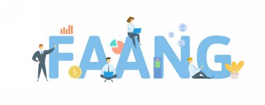 FAANG, Big Tech. Anahtar kelime, insanlar ve ikonlar ile kavram. Düz vektör çizimi. Beyazda izole edilmiş.