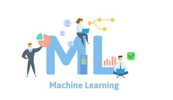 ML, apprendimento automatico. Concetto con parole chiave, persone e icone. Illustrazione a vettore piatto. Isolato su bianco. — Vettoriale Stock