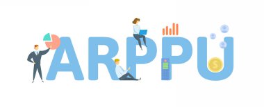 ARPPU, Ödeme yapan kişi başına ortalama gelir. Anahtar kelime, insanlar ve ikonlar ile kavram. Düz vektör çizimi. Beyazda izole edilmiş.