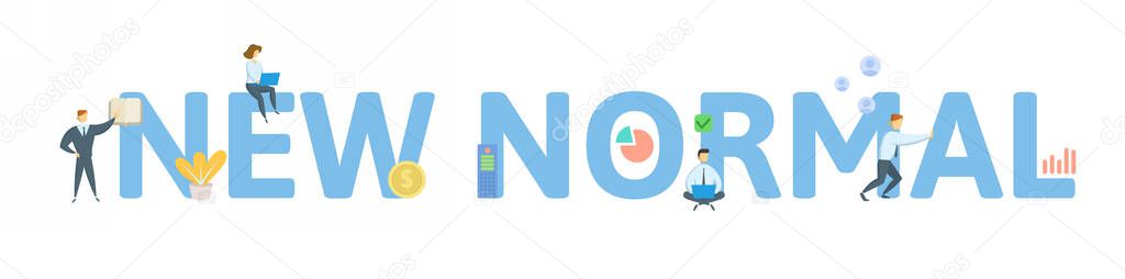 New Normal. Concept with keywords, people and icons. Flat vector illustration. Isolated on white.