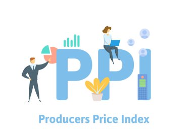 PPI, Yapımcılar Fiyat Endeksi. Anahtar sözcükler, insanlar ve ikonlar ile kavram. Düz vektör çizimi. Beyazda izole edilmiş.