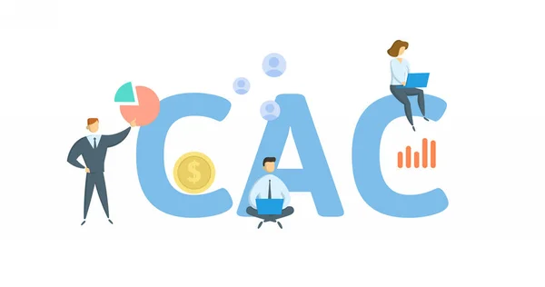 CAC, Costo de adquisición de clientes. Concepto con palabras clave, personas e iconos. Ilustración vectorial plana. Aislado sobre blanco. — Archivo Imágenes Vectoriales