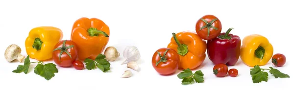 Pimentas Vermelhas Amarelas Laranja Com Tomates Fundo Branco — Fotografia de Stock