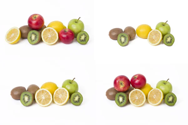 Frutas Uma Composição Contexto Branco Limão Com Maçãs Kiwi Sobre — Fotografia de Stock