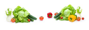  Panoramik bir yeşil lahana. Kırmızı domates ve salatalık beyaz bir arka plan üzerinde.