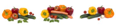 Beyaz zemin üzerine kırmızı sarı ve turuncu biber domates ile panoramik manzaralı