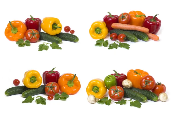 Red Yellow Orange Peppers Tomatoes White Background Cucumbers Colorful Peppers — Stock Photo, Image