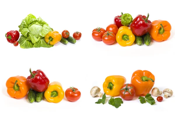 Green Cabbage Yellow Pepper Red Tomatoes Cucumbers White Background Composition — Stock Photo, Image
