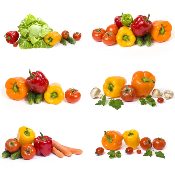 黄色胡椒粉白色背景上的红色西红柿和黄瓜 白色背景下不同蔬菜的成分 — 图库照片