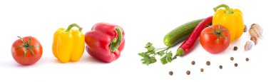 Beyaz bir arka plan üzerinde taze sebze. Sarı biber, yeşil salatalık, kırmızı domates ve beyaz bir arka plan üzerinde acı biber.