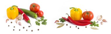 Beyaz bir arka plan üzerinde renkli sebze bileşimi. Beyaz bir arka planda sarı ve kırmızı biber ile taze kırmızı domates. Sarı ve kırmızı biber ile kırmızı domates.