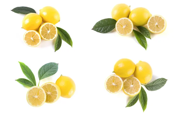 Limoni Con Foglie Fondo Bianco Limoni Freschi Fondo Bianco — Foto Stock