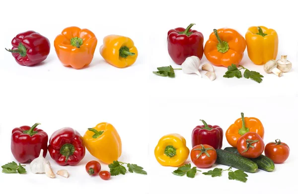 Rote Gelbe Und Orangefarbene Paprika Mit Tomaten Auf Weißem Hintergrund — Stockfoto