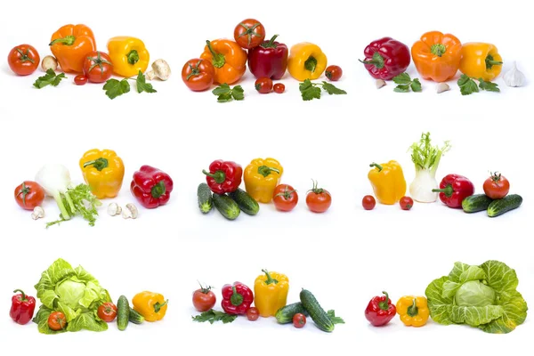 Peppers with cucumbers and tomatoes on a white background. Cabbage with cucumbers and mushrooms on a white background. Fresh vegetables in a group on an isolated background.