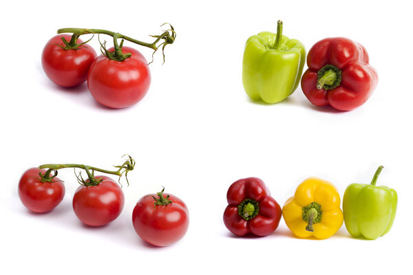 Tomatoes and sweet peppers on a white background. Red and yellow peppers on a white background. Tomatoes with colorful peppers in the composition.