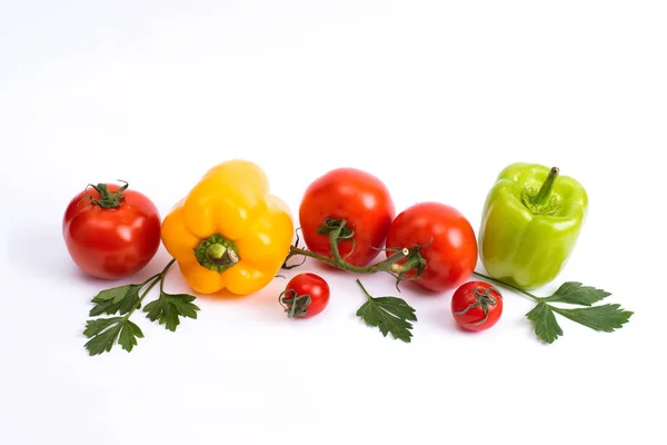 Tomatoes Sweet Peppers White Background Multicolored Vegetables Composition Red Pepper — Stock Photo, Image