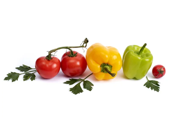 Yellow Green Feathers Tomatoes White Background Cherry Tomatoes Greens Sweet — Stock Photo, Image