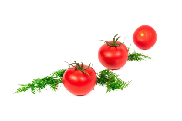 Rote Tomaten Auf Weißem Hintergrund Eine Gruppe Tomaten Mit Kräutern — Stockfoto