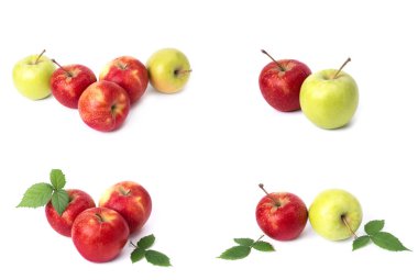 Beyaz arka planda kırmızı elma seti. Beyaz bir arka planda sarı lekeler ile kırmızı renk sulu elma. Sulu kırmızı elma bileşimi