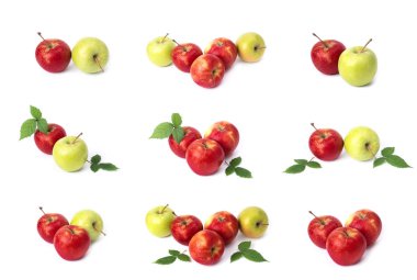 Beyaz arka planda kırmızı elma seti. Beyaz bir arka planda sarı lekeler ile kırmızı renk sulu elma. Sulu kırmızı elma bileşimi