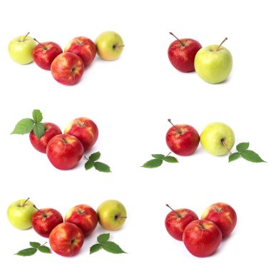Beyaz arka planda kırmızı elma seti. Beyaz bir arka planda sarı lekeler ile kırmızı renk sulu elma. Sulu kırmızı elma bileşimi