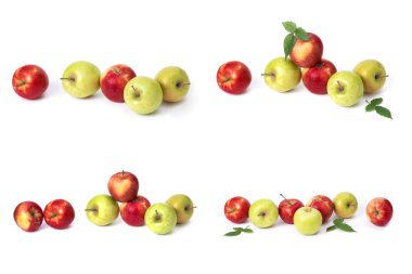 Beyaz arka planda kırmızı elma seti. Beyaz bir arka planda sarı lekeler ile kırmızı renk sulu elma. Sulu kırmızı elma bileşimi